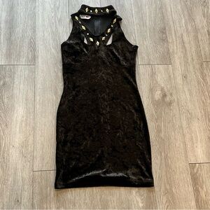 Black Glamorous 80's Goth Velvet Studded Cutout Bodycon Mini Dress Witchy Small